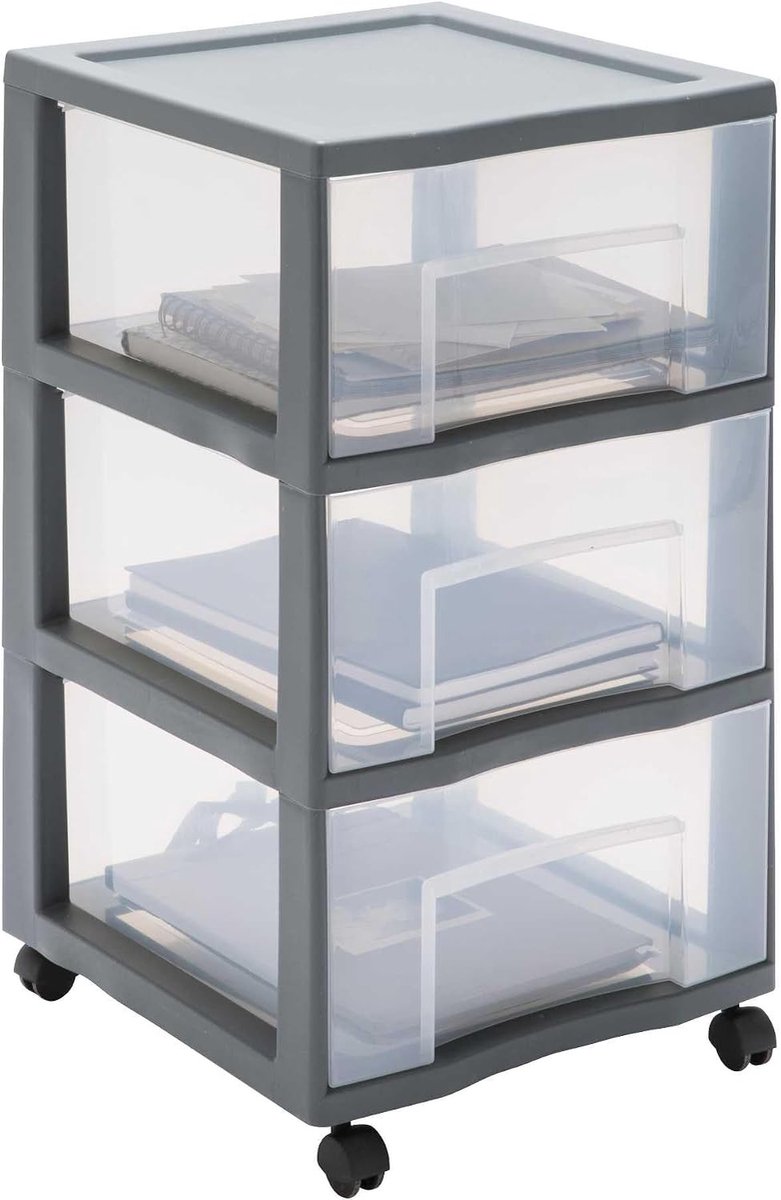 Ladenkastje - Transparant - H 64,5 cm - Kunststof Opbergtoren met 3 Laden en Wielen - Voor Kantoor en Thuis
