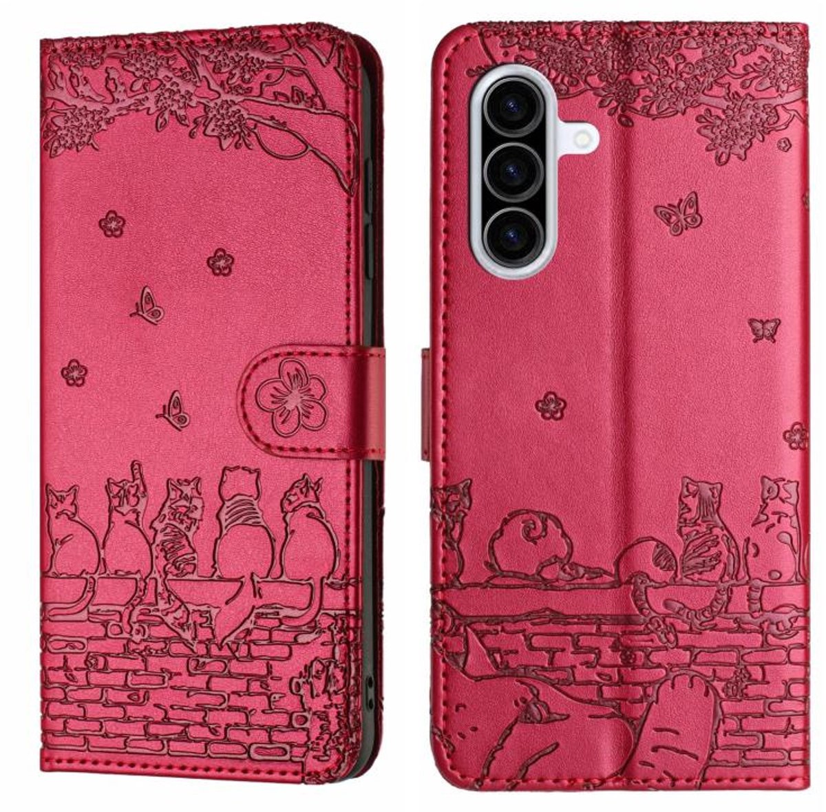 BookCover Hoes Etui geschikt voor Samsung Galaxy A27 - Rood - Katten op Muurtje - Reliëf