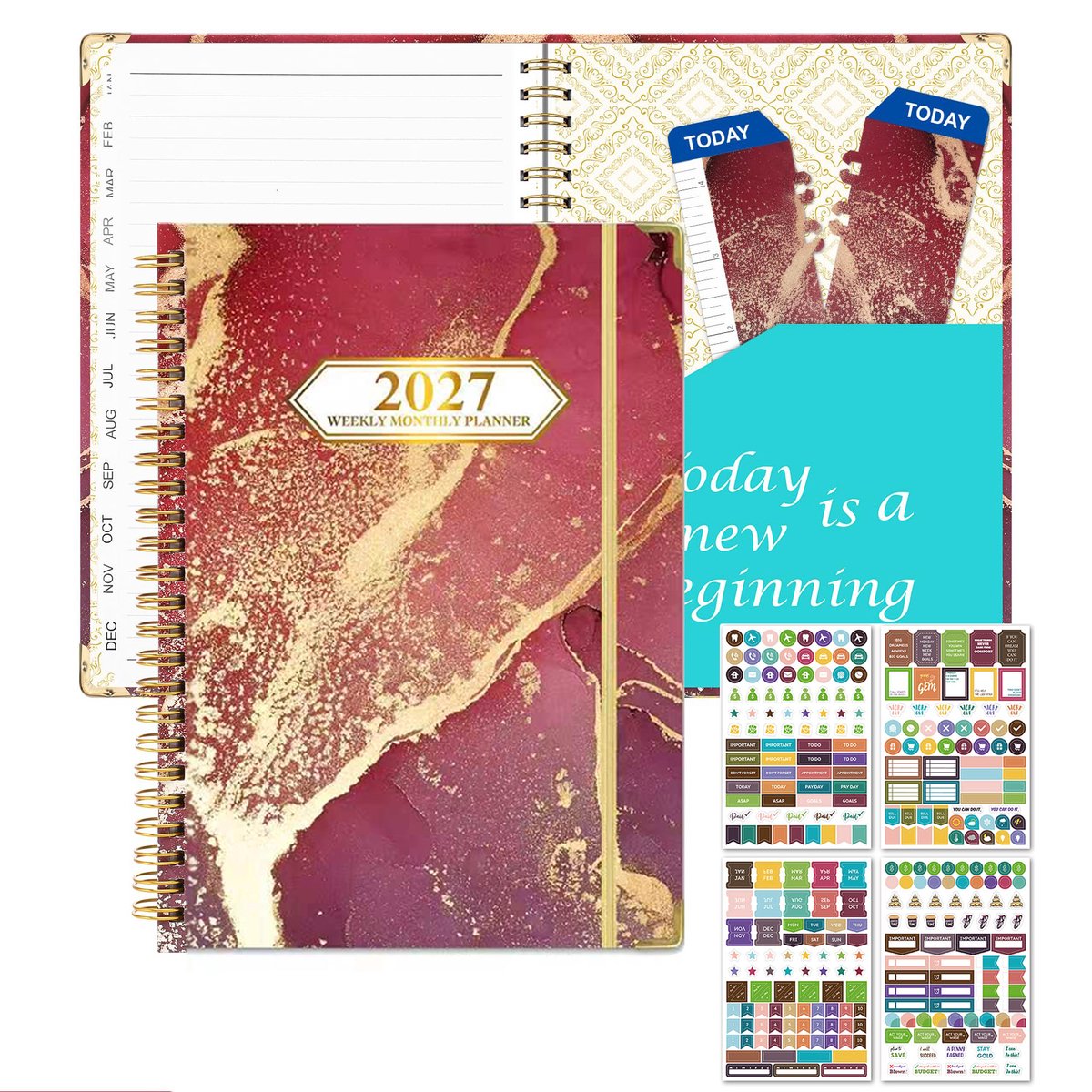 Namajunas - Planner 2027 - Weekplanner - A5 Agenda - Agenda 2027 - Weekplanner Kind & Volwassen - Schoolagenda - Weekplanner Papier - Deskplanner - Week to view agenda - To do planner - Met 4 Planner Stickers & 2 Bladwijzer - Wijnrood Goudmarmer