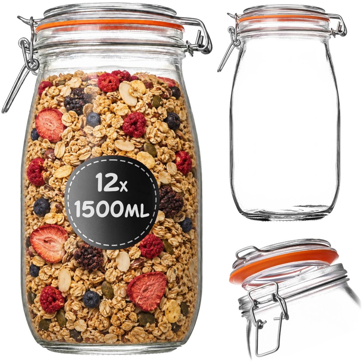 KADAX inmaakpot 12 stuks 1,5 l met beugelsluiting, luchtdichte pot met rubberen afdichting en glazen deksel, augurkenpot, grote glazen voorraadpot, fermentatiepot