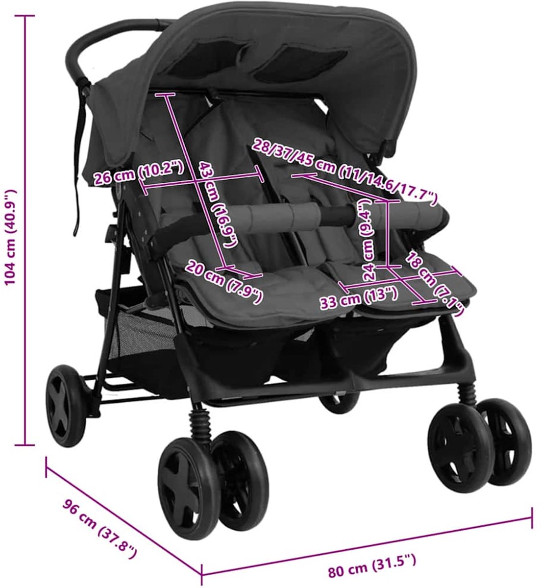 vidaXL vidaXL Tweelingkinderwagen staal - afbeelding 2