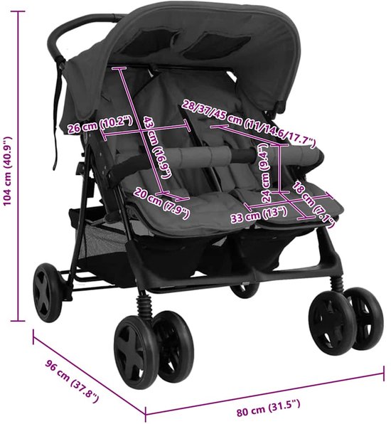 vidaXL - Tweelingkinderwagen - staal - donkergrijs van Vidaxl — afbeelding 2