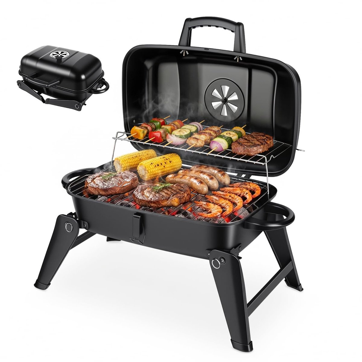 Elzusha - Draagbare Houtskool Barbecue - 2-in-1 Grill & Oven - Opvouwbaar met Houten Handvat