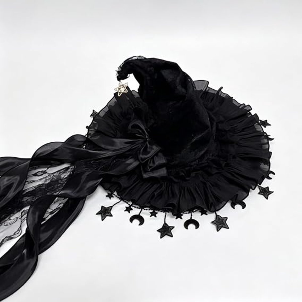 Dames Heksenhoed – Gotische Toverhoed met Franjerand - Sluier en Afneembare Strik – Voor Halloween en Lolita Cosplay – Kostuumaccessoire