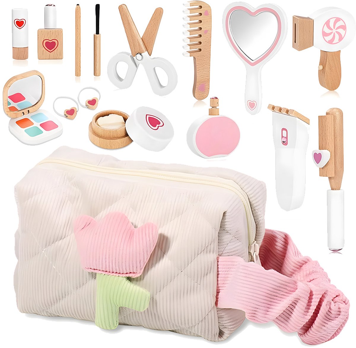 Houten Make-up Set voor Kinderen - 16-delige Beauty Speelset vanaf 3 Jaar - Make-up- en Haarstylingaccessoires - Stimuleert Creativiteit en Fijne Motoriek - Met Opbergkoffer - Voor Rollenspel, Prinsessenfeestjes, Thuis en Reizen