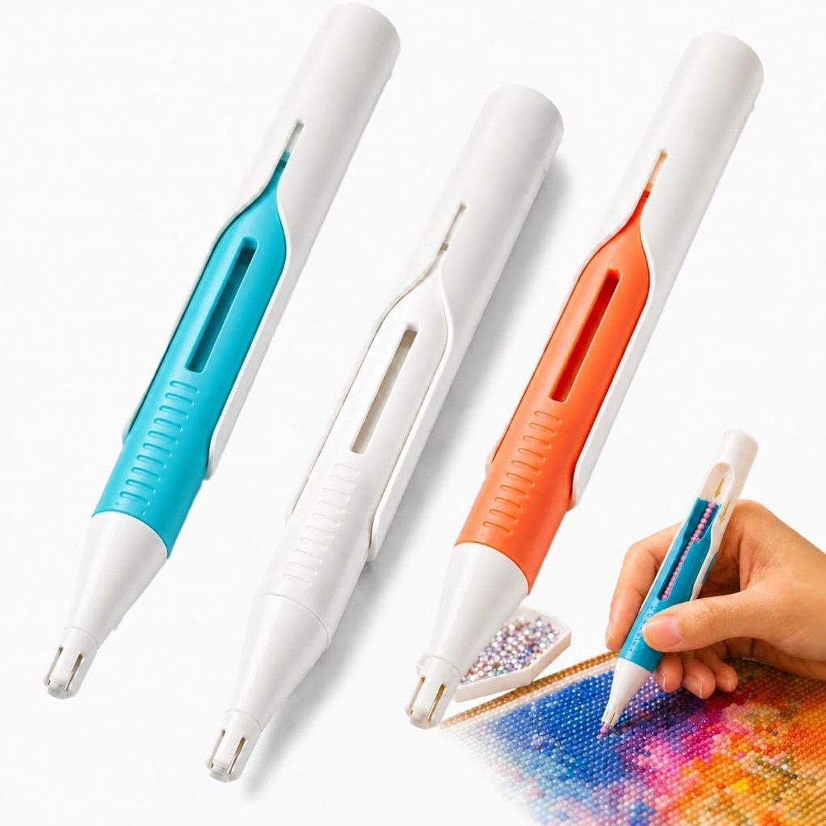 3-delige automatische strass-dispenser met drukmechanisme - 10 × 1,2 × 1,2 cm - 3 kleuren – Snelle 5D-diamantschilderset – Ergonomische knutselaccessoires – Gemakkelijk te gebruiken – Blauw, Oranje, Wit