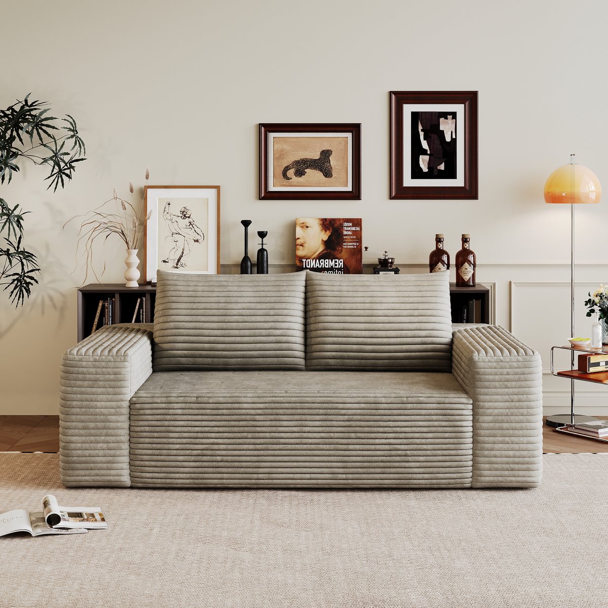 Corduroy Compressiesofa 180 cm – 3-Zits Modulaire Loveseat Bank – Diepe Zit, Geen Montage, Zachte Zitting – Woonkamer, Slaapkamer – Camel