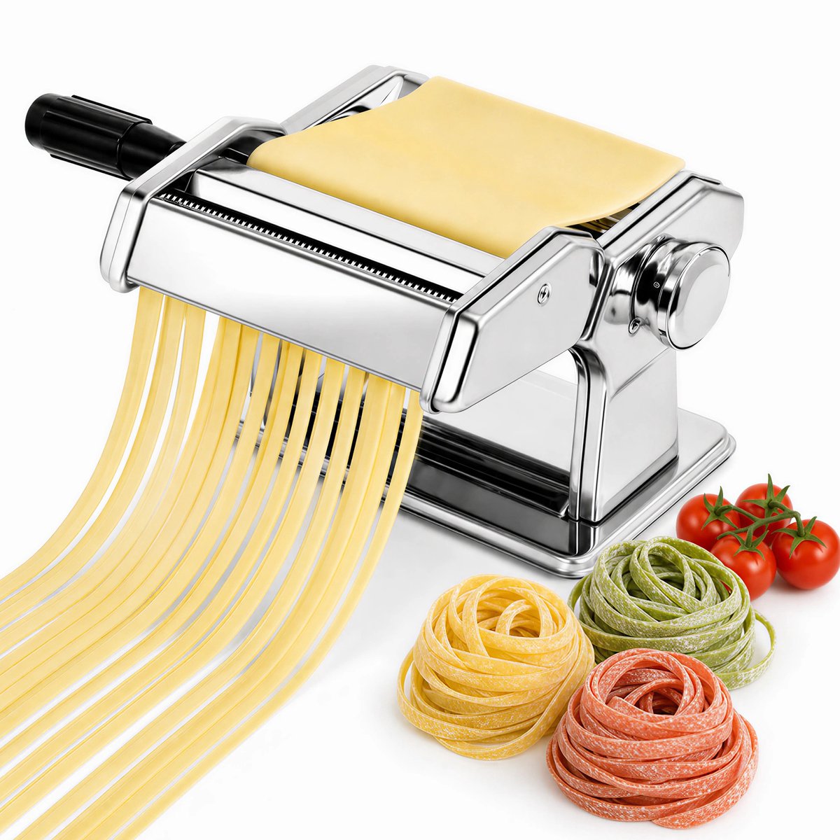 Handmatige pastamachine voor verse pasta - 7 diktestanden en 2 snijbreedtes van 1,5 en 6,5 mm - Met handslinger en tafelklem - Voor spaghetti, tagliatelle en lasagne - Staal - Zilverkleurig - 20 x 13 x 17,5 cm