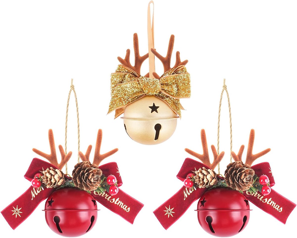 Kerst Metalen Bellen met Gewei - Denneappel en Bessen - Goud 1 Stuk en Rood 2 Stuks - Vintage Kerstdecoratie met Steruitsnijding - Voor Kerstboom - Krans en DIY - Feestelijke Hangdecoratie