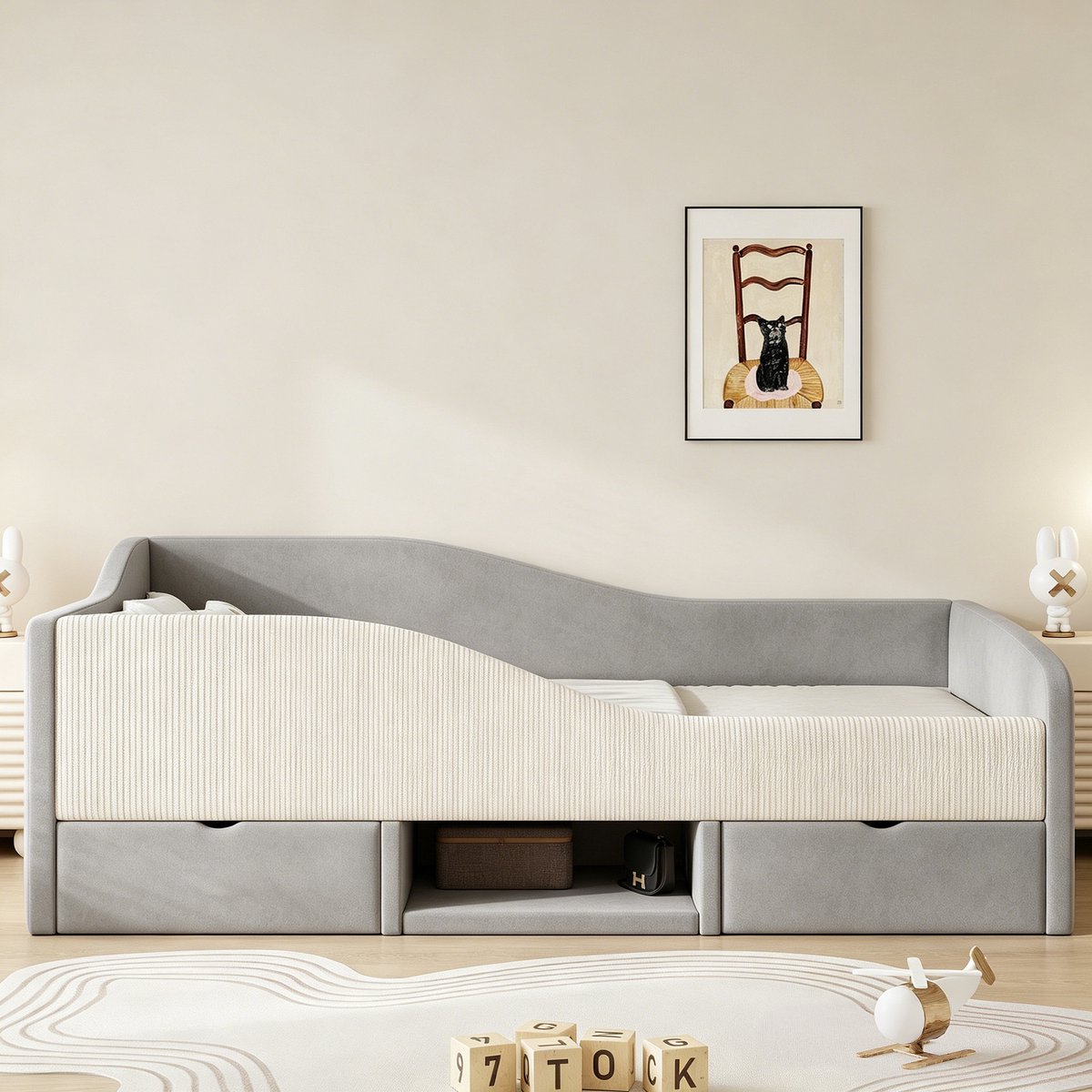 VVBV Kinderbed 90x190 cm - Opbergruimte, Met Lades, Gestoffeerd Hoofdbord, Stabiel Metalen Frame - Grijs, Stof