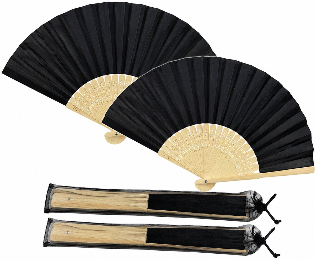 Kaiyaya - set van 2 Spaanse handwaaiers - klassiek houten ontwerp - opvouwbaar - met organza opbergzakje - zwart - voor verkoeling, flamenco en feest