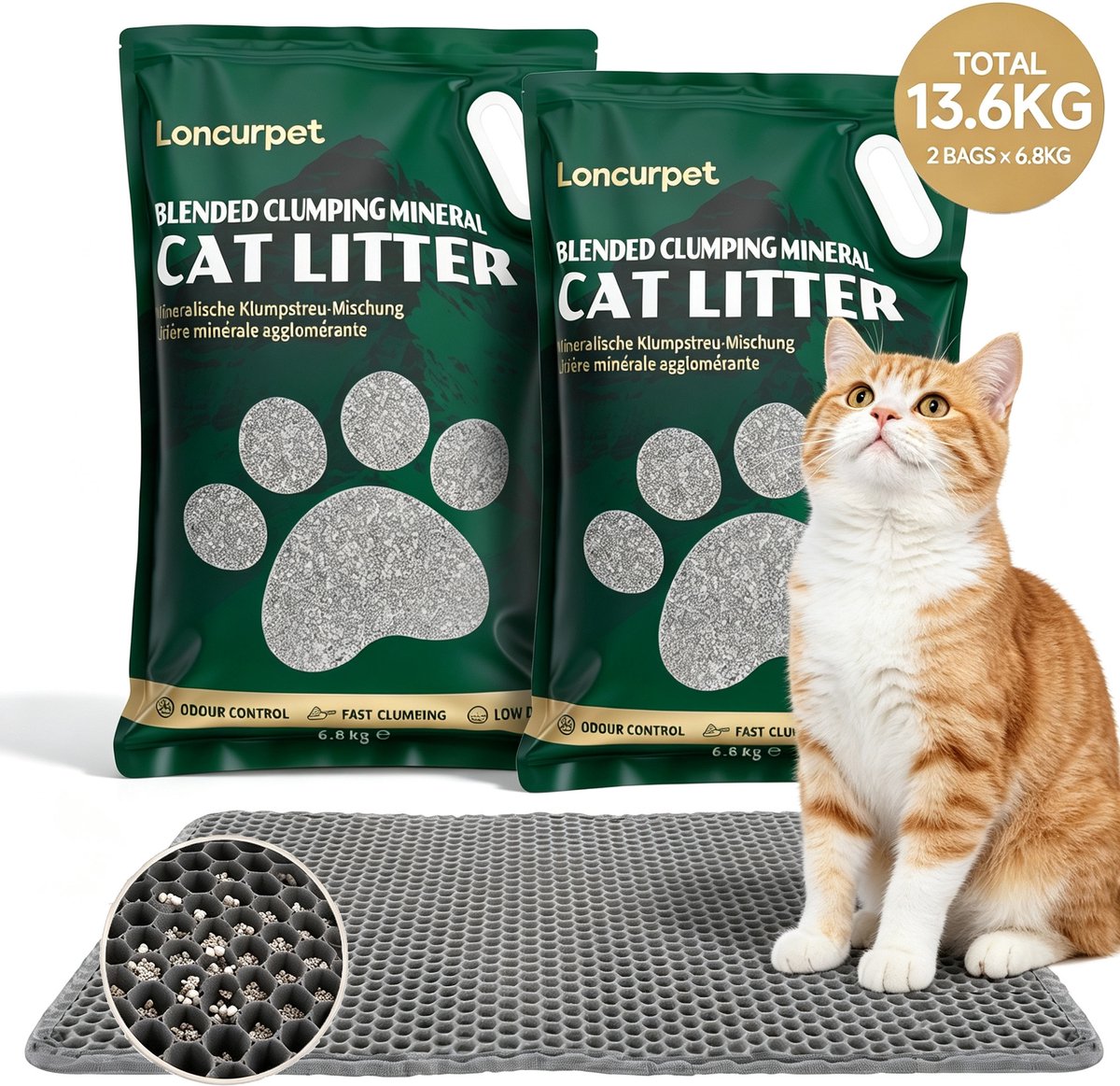 Loncurpet - Kattenbakvulling - Met Kattenbakmat - Natuurlijk Ruw Erts Gemengd Kattengrind - 2 x 6,8kg - Sterke Klontvorming - Stofarme Formule - Geurneutraal - Geen vastplakresten