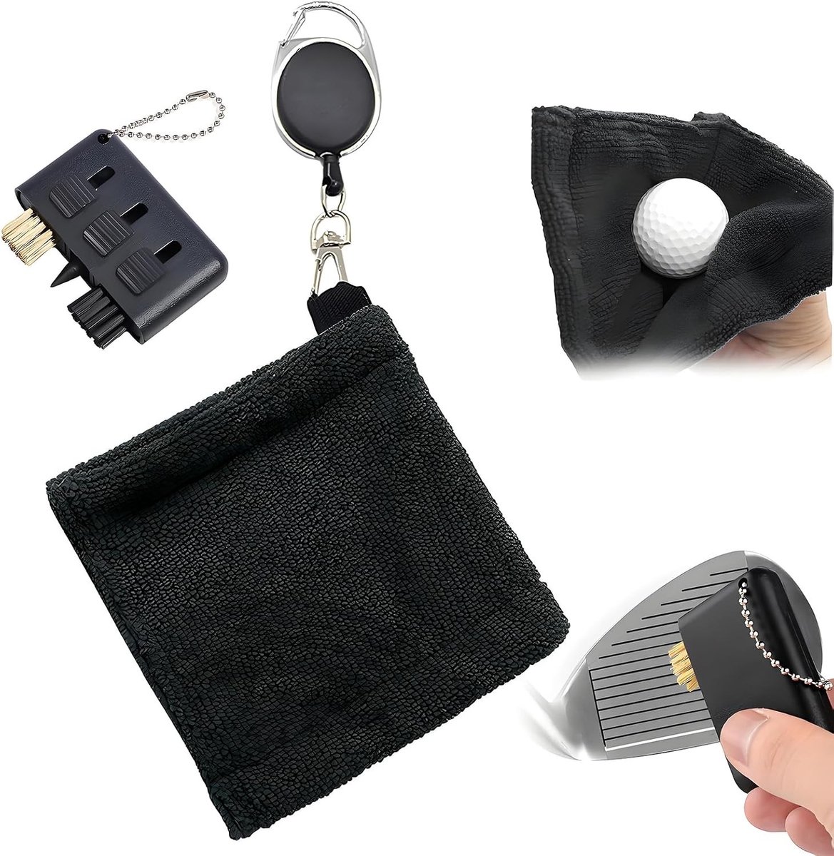 Golfhanddoek en Borstelset, Zwarte Handdoek met Uitschuifbare Carabiner Clip en Clubborstel, Onmisbare Golfaccessoires voor de Golfbaan, Sport en Fitness
