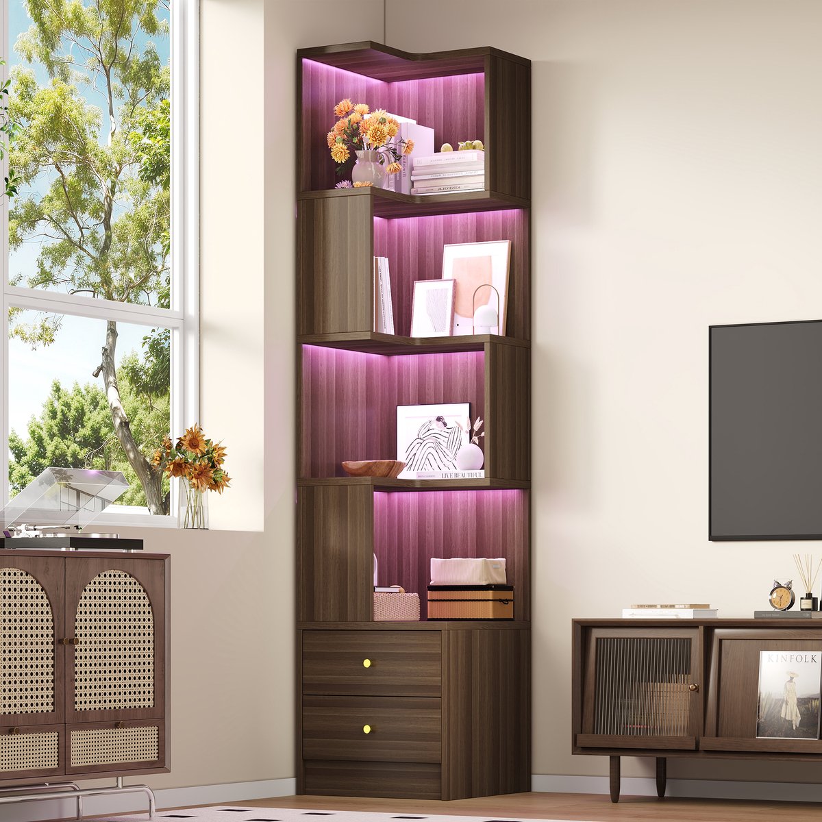 VVBV Hoekkast 45x43.5x180 cm - Hoekmodel, Opbergruimte, LED-Verlichting, Met Lades - Bruin, MDF