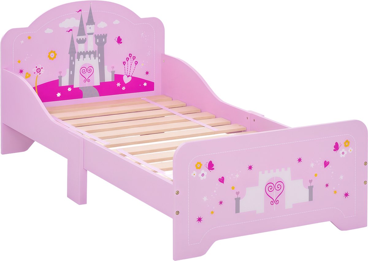 Eenpersoonsbed voor kleine kinderen - houten bedframe - lage bedpoten - prinsessenbed - extra klein kinderbed -geschilderd in roze