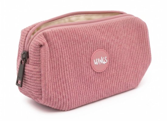 Trousse en velours côtelé rose avec fermeture éclair et un logo rond WYNGS.
