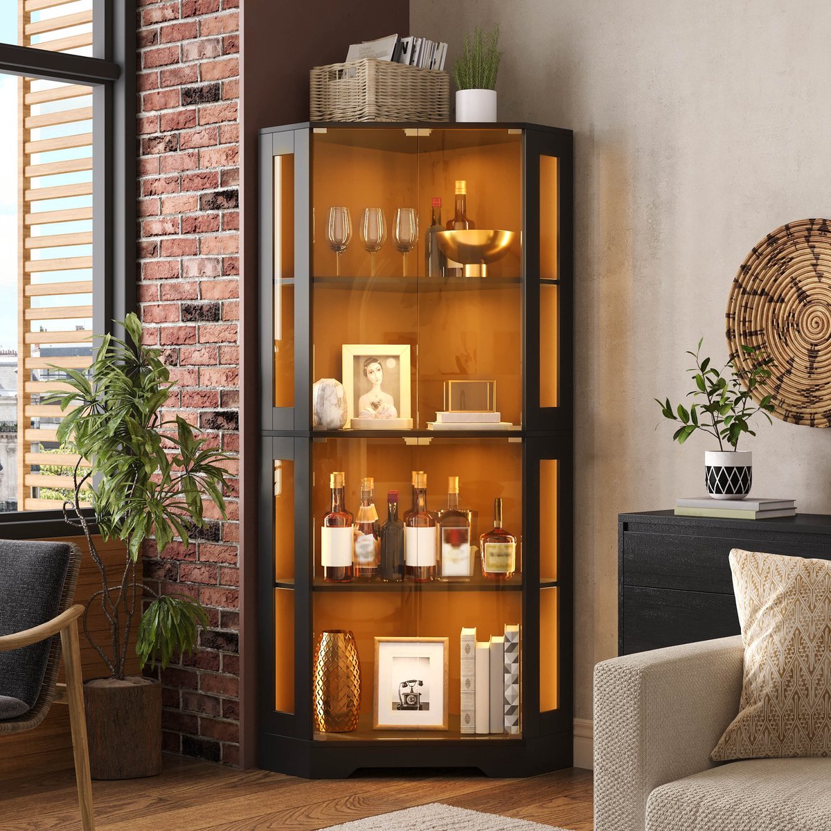 VVBV Vitrinekast 40x40x165 cm - App-Bediening, Verstelbare Planken, Opbergruimte, Glazen Deuren - Zwart, MDF