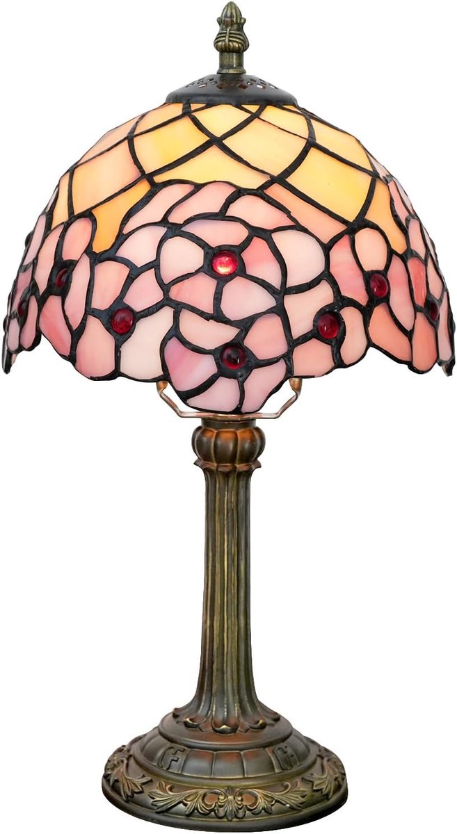 Tiffany Lamp in geblood glazen tafellamp, 20,3 x 20,3 x 35,6 cm, bureauleeslamp, decoratie naast slaapkamer, woonkamer, huis