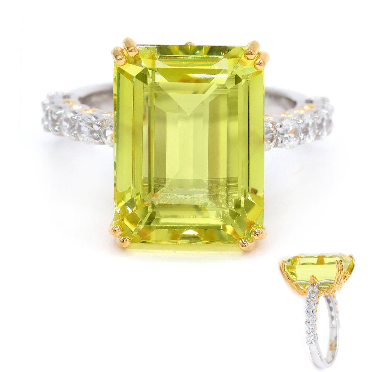 Cavill - Elegante ring 925 Sterling Zilver met palladiumcoating - 10,161 ct achthoekige Ouro Verde kwarts - 12 fonkelende zirkonia