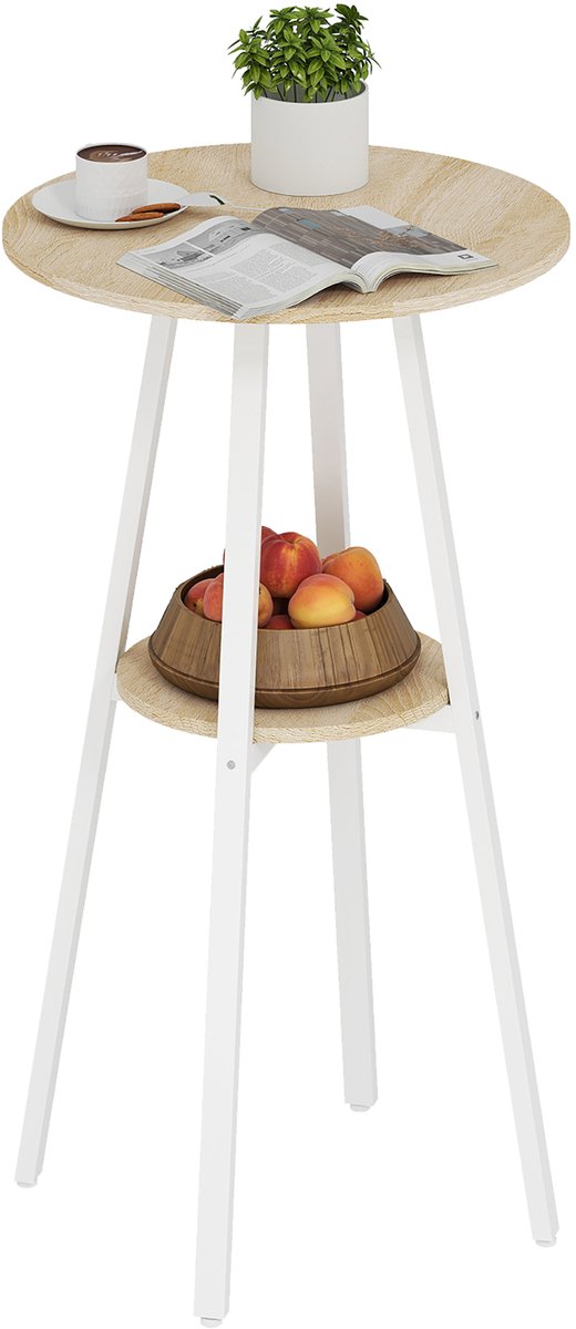 ECTEATOY® Ronde Bartafel met Plank - Statafel voor Keuken en Eetkamer - Hoogte instelbaar - Geschikt voor 2 Personen - Ø55x95 cm - Wit