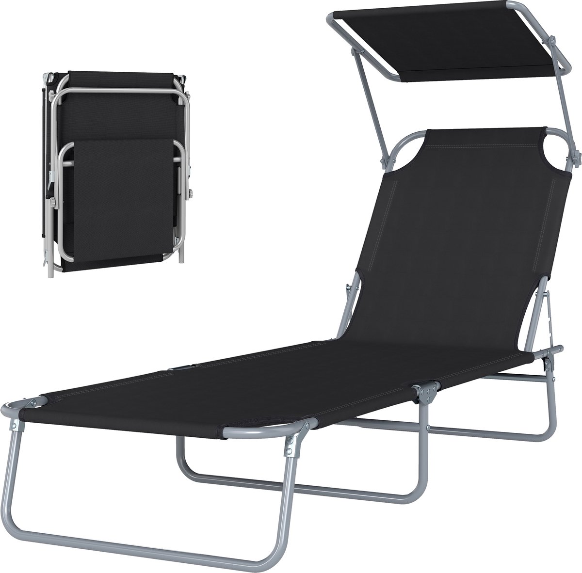 Zonneligstoel, tuinligstoel, wellness-ligstoel, strandstoel,comfortabele grote rugleuning,verstelling in meerdere hoekeninklapbaar, met verstelbaar zonwering, zwart, 187 x 58 x 36 cm