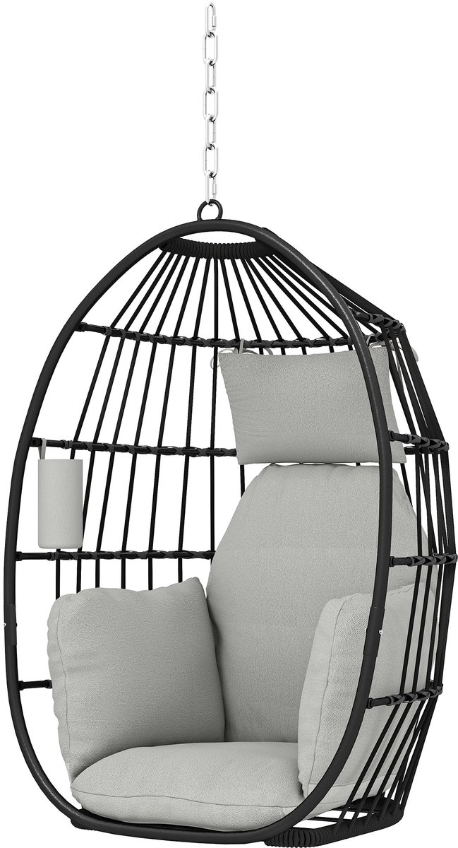 Egg Hangstoel – Hangstoel met standaard – Voor Binnen en Buiten – Incl. Kussen, bekerhouder, rugkussen – Egg Chair – Cocoon – Ei Stoel – tot 120kg - Donkergrijs