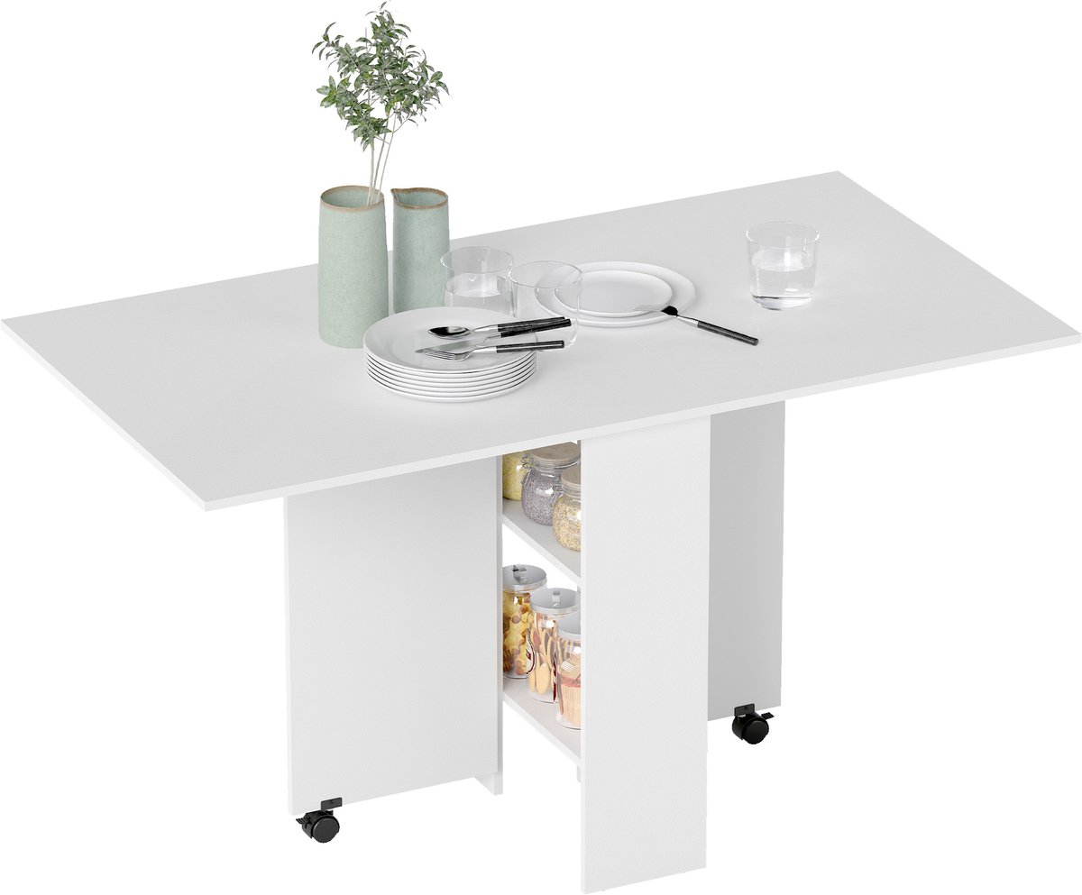 Uitschuifbare eettafel - opvouwbare keukentafel met lade - 2 planken en 2 wieltjes voor 6 personen