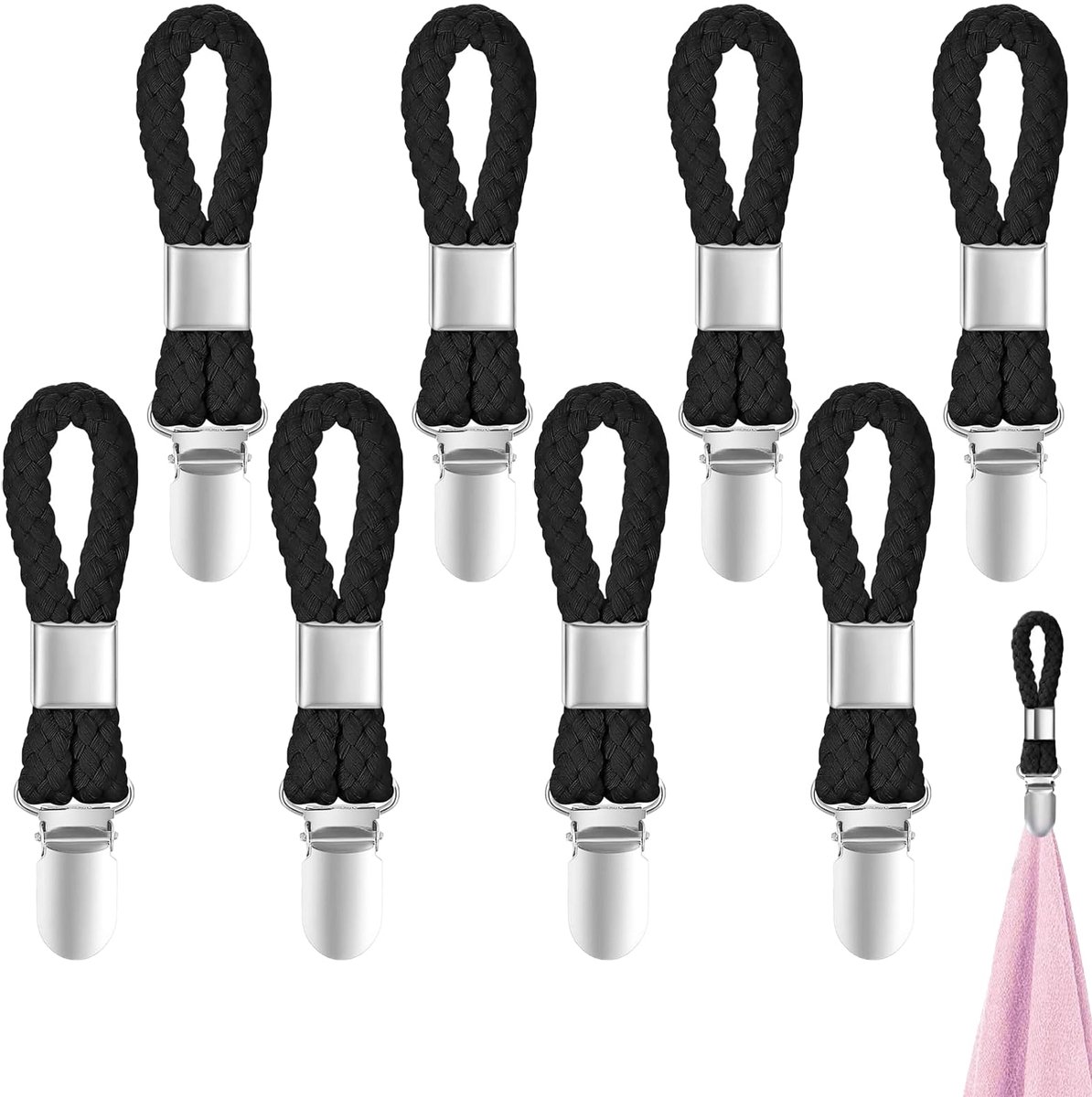 8x Handdoekclips met Lus - Handdoekhouders Zonder Naaien - Sterke Handdoekklemmen voor Keuken, Badkamer & Balkon - Zwart