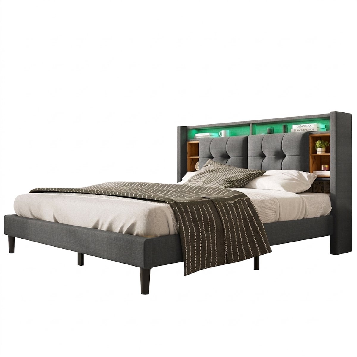 Gestoffeerd tweepersoonsbed 140 x 200 cm - Opberghoofdbord, USB en LED - Grijs-Matras niet inbegrepen