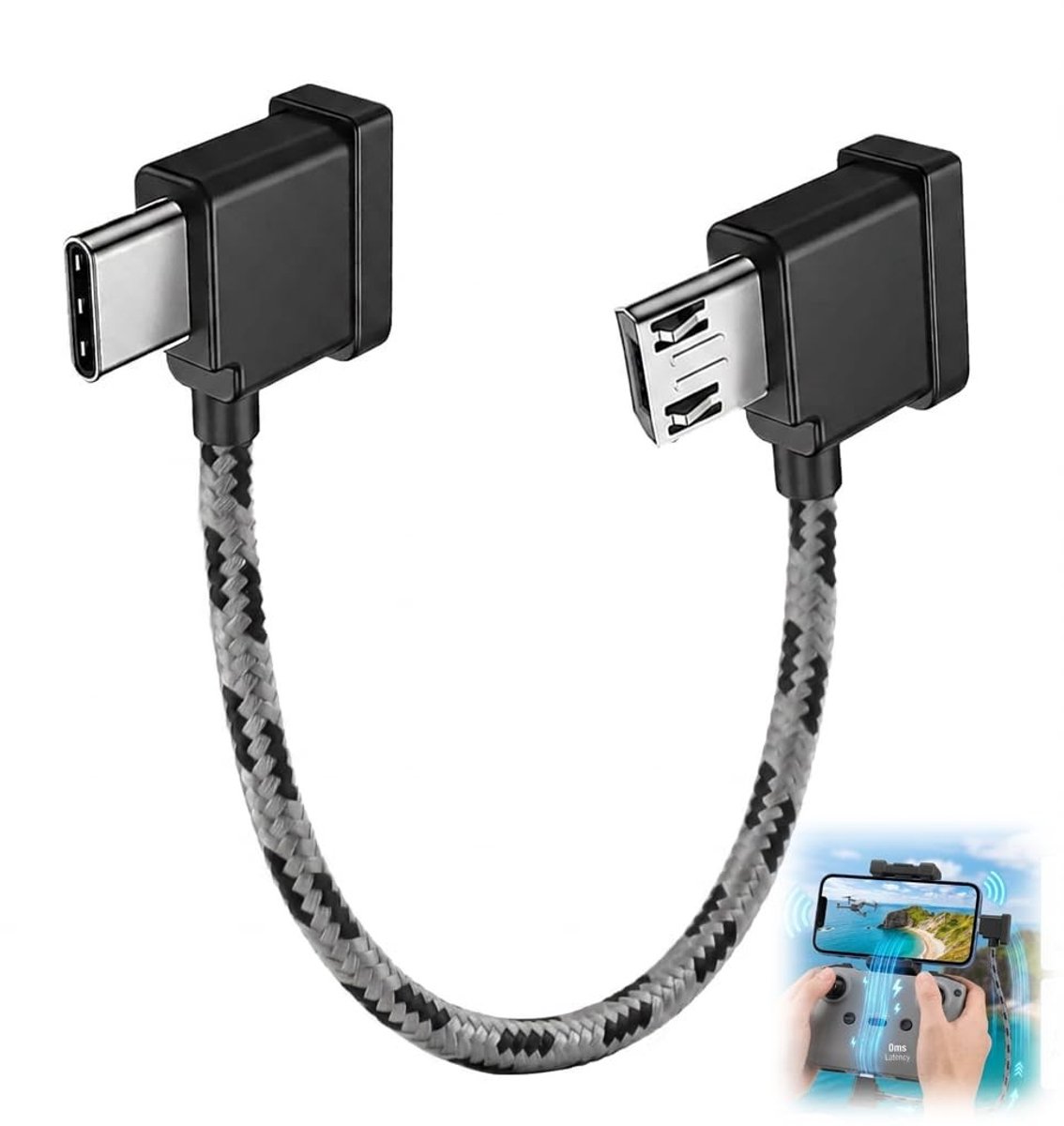 SolidKeus - USB C naar Micro USB Drone-kabel, 15 cm Nylon