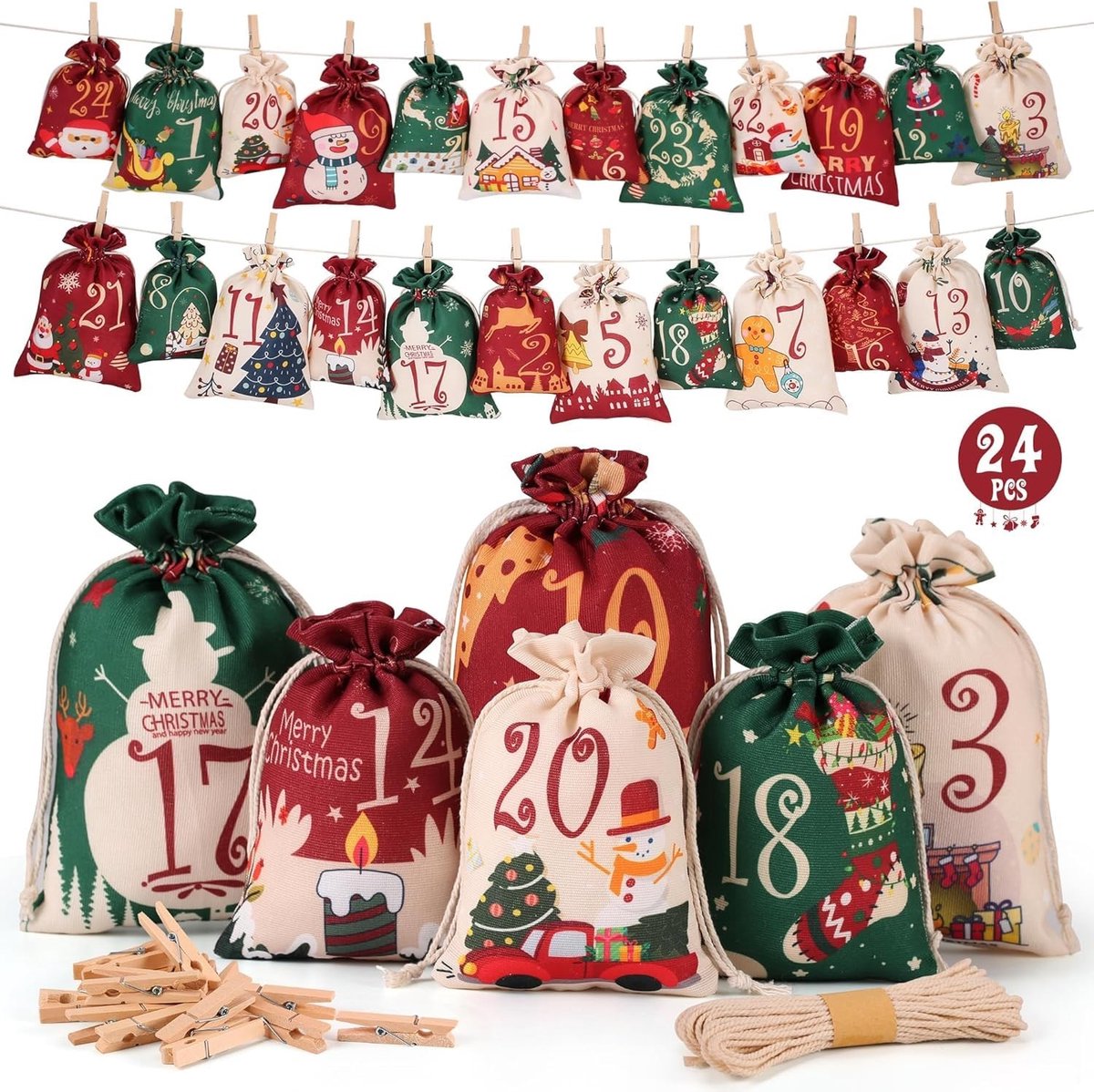 SolidKeus - Set van 24 Adventskalender Zakjes met Houten Klemmen