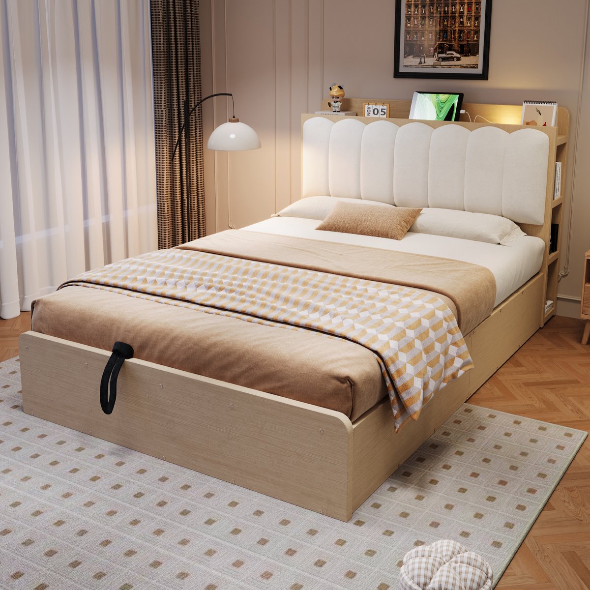 VVBV Tweepersoonsbed 140x200 cm - Hydraulische Opbergruimte, USB-Aansluiting, Stopcontact, Gestoffeerd Hoofdbord - Naturel