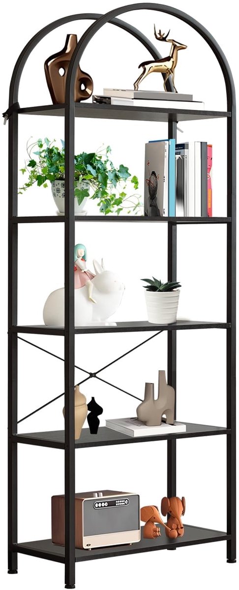 Boekenkast 5 Lagen met Boogvormige Bovenkant - 60x28x180cm - Smal Hoog - Displaykast Vrijstaand - Boekenplank - Metalen Frame - Voor Woonkamer Slaapkamer Kantoor - Zwart