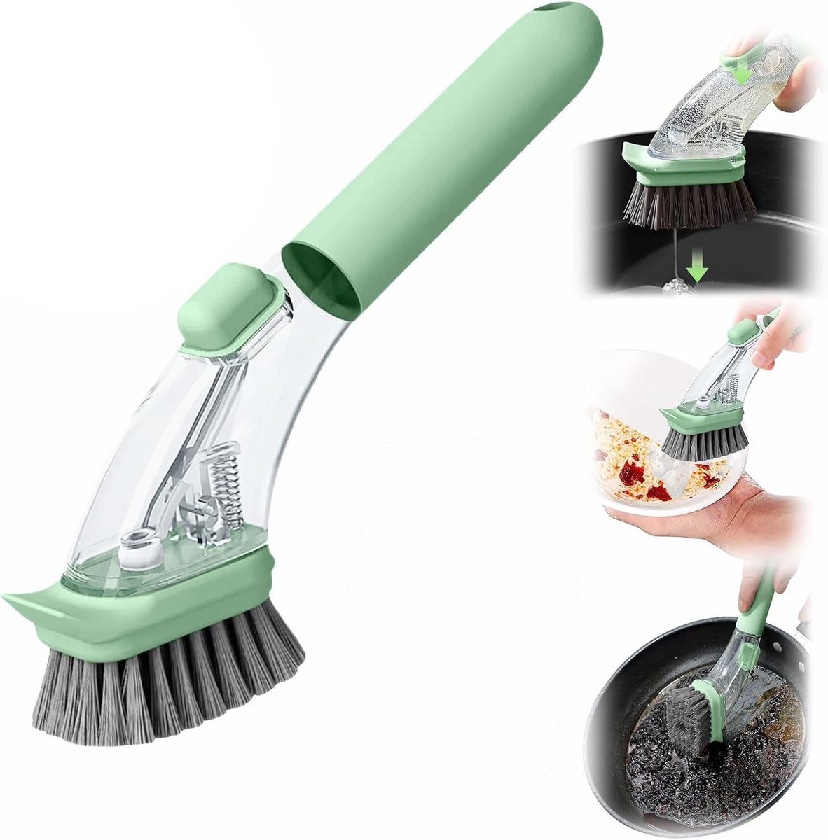 Afwasborstel met Zeepdispenser - Potborstel - Zeepdispenser Keukenafwasborstel - Met Vloeistofdispenser - Met Handvat - Keukenbenodigdheden - Voor Het Reinigen Van Vaat, Potten, Pannen en Gootstenen - Groen