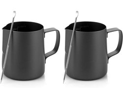 Set van 2 Melkkannen van RVS, 350 ml, Zwarte Melkkannen met Maatverdeling en Latte Art Pen voor Perfecte Espresso en Cappuccino