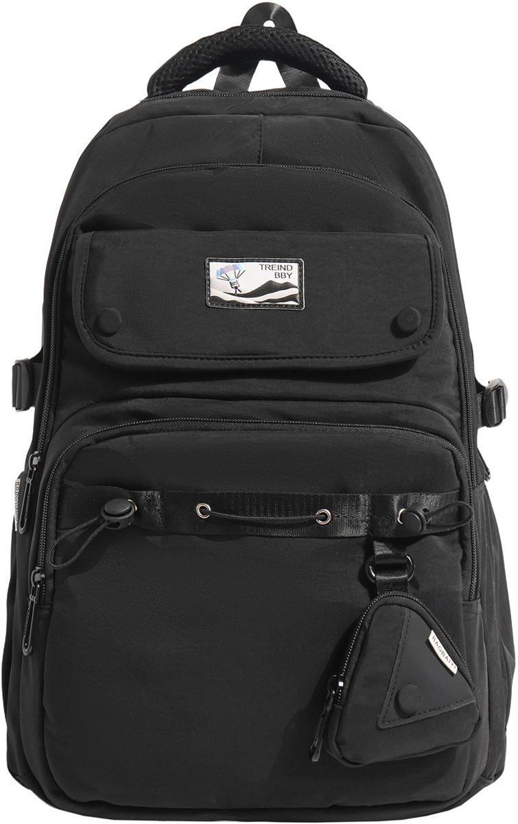 Meisjes Rugzak voor School – Grote Schoolrugzak met Veel Vakken – Nylon Rugzak met Klein Tasje – 42 × 32 × 14 cm – Voor A4, Tablet en Paraplu – Zwart