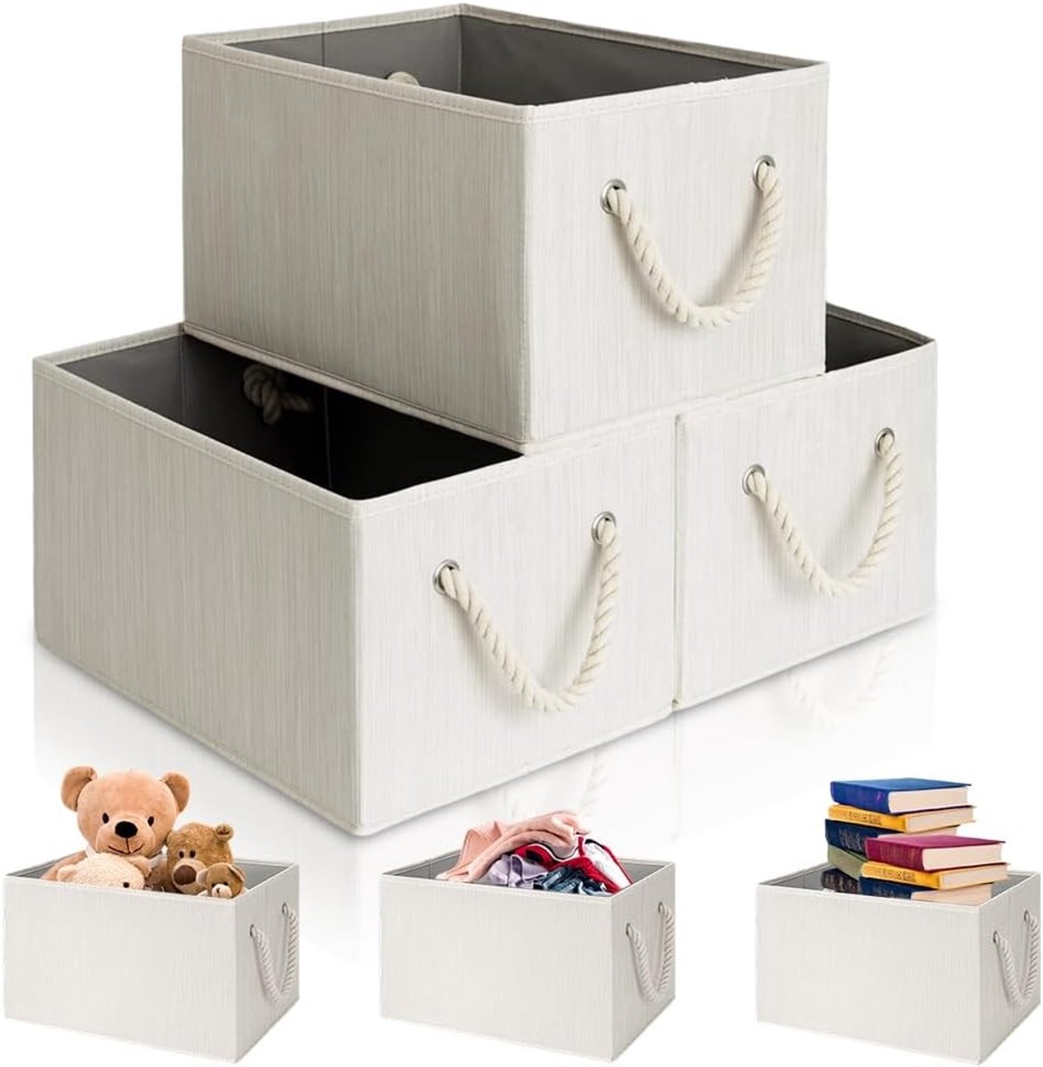 Grote opbergmanden met handgrepen, opvouwbare stofdozen voor het organiseren van planken, beige, 3 stuks