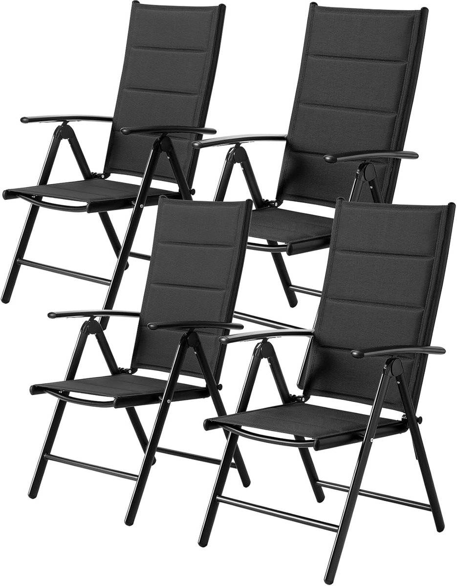 Tuinstoel, inklapbaar, set van 4 aluminium balkonstoelen, tot 120 kg, met gewatteerde rugleuning en zitting, 7-voudig verstelbaar, outdoor eetkamerstoel, armleuningen, klapstoel, zwart
