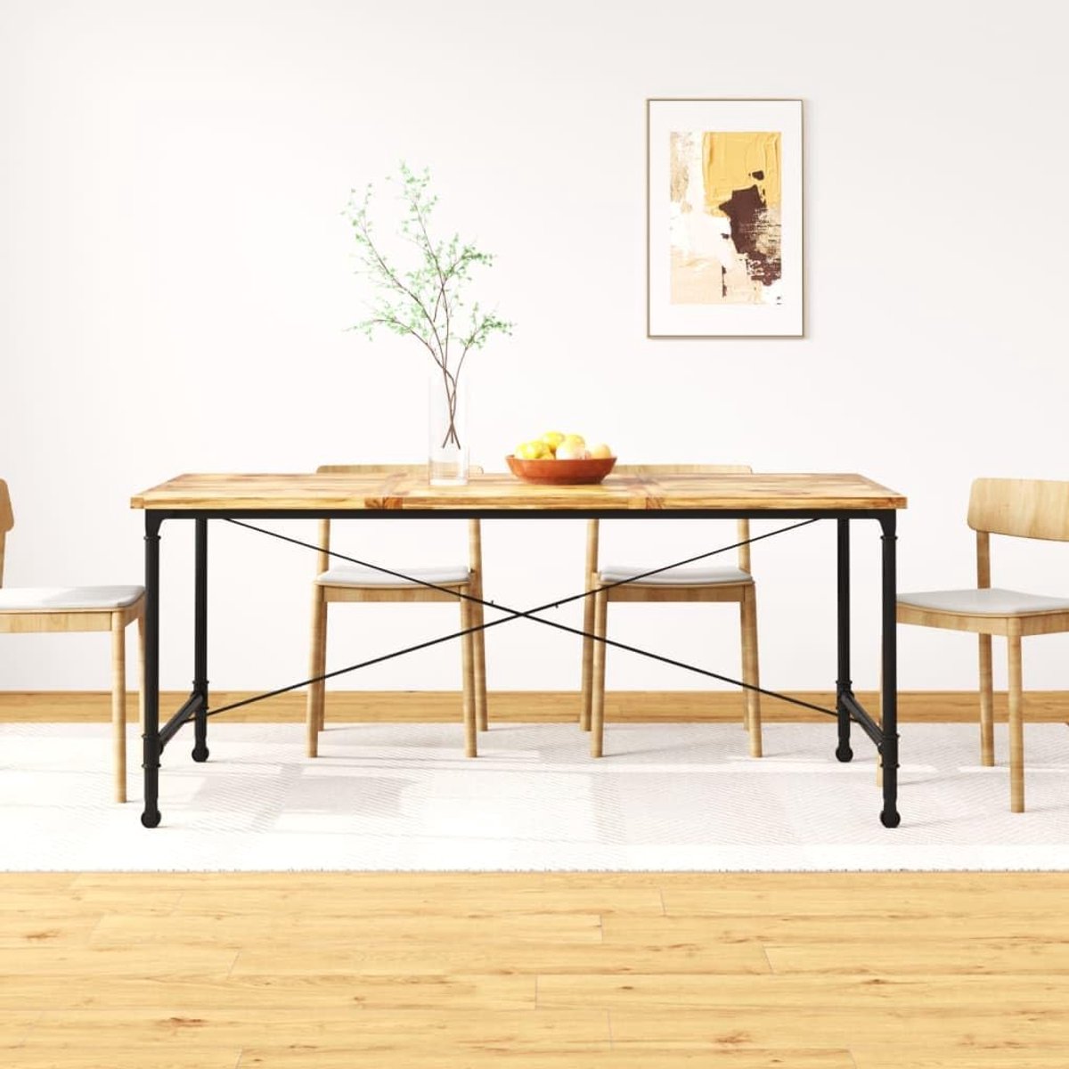 Massief mangohout industriele stijl retro eethoek 180x90x76 cm lichtbruin | Massief mangohout eettafel 180 cm industrieel met stalen onderstel en wielen
