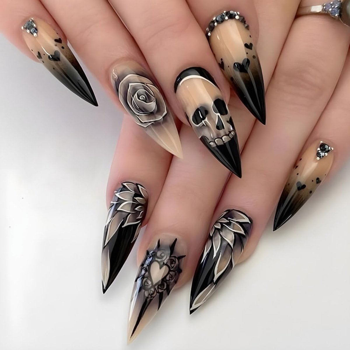 24 stuks punk schedel nacht roos kristal donker nep Halloween lange puntige tip druk op valse nagels