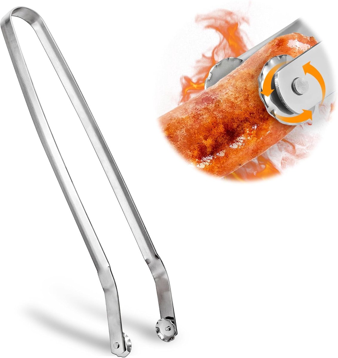 Grilltang met wieltjes, lang voor worst - fruitsalade - vlees - BBQ sausage turning tongs voor koken - draaibare worstdraaigang - grilltang van metaal - roestvrij staal keukentang om te koken
