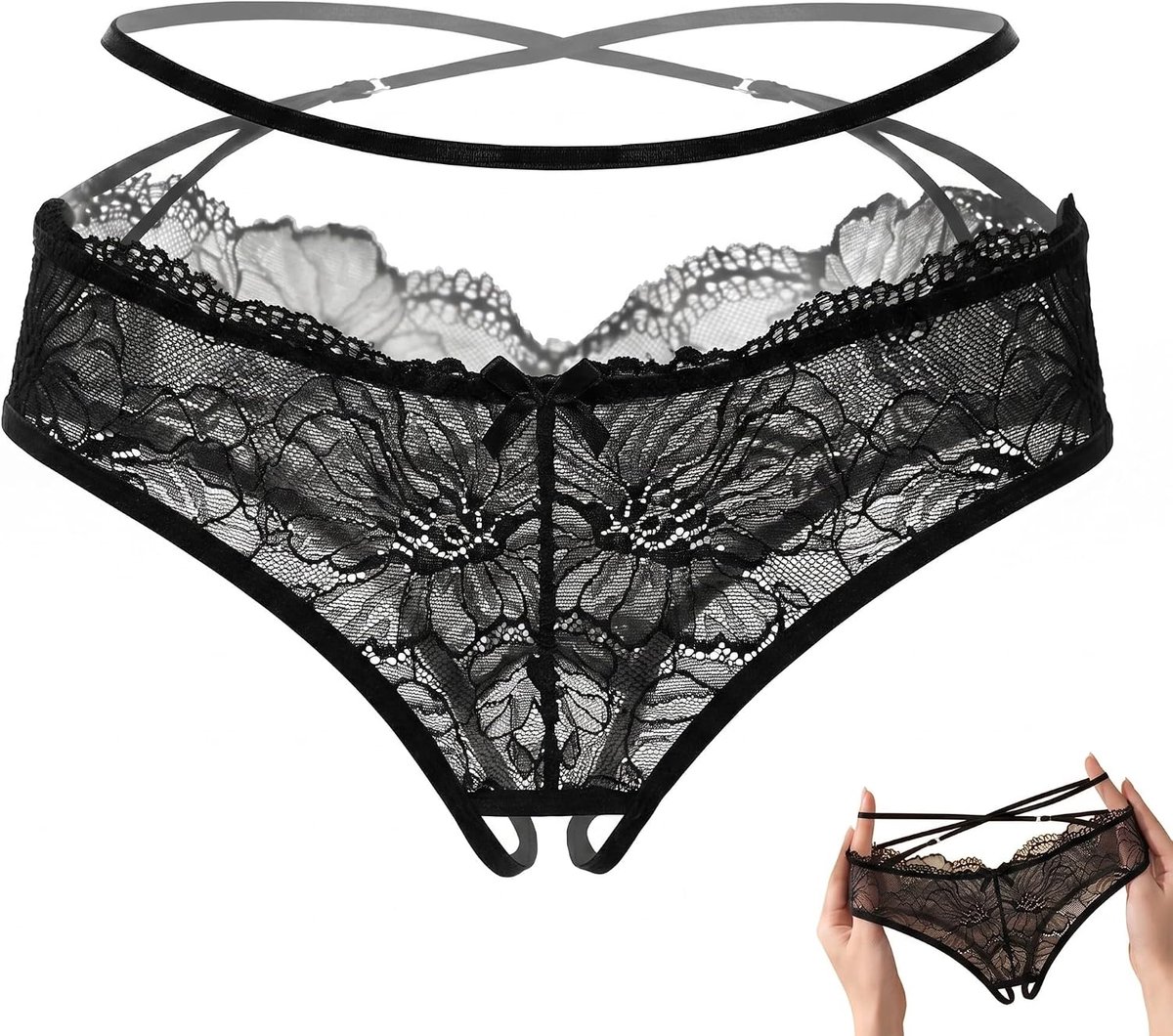Damesstring van kant, tanga, chic, zwart, met bloemenborduurwerk, fijne lingerie, transparant en comfortabel, eenheidsmaat, aanpasbaar (40-65 kg), elegante slip voor dames