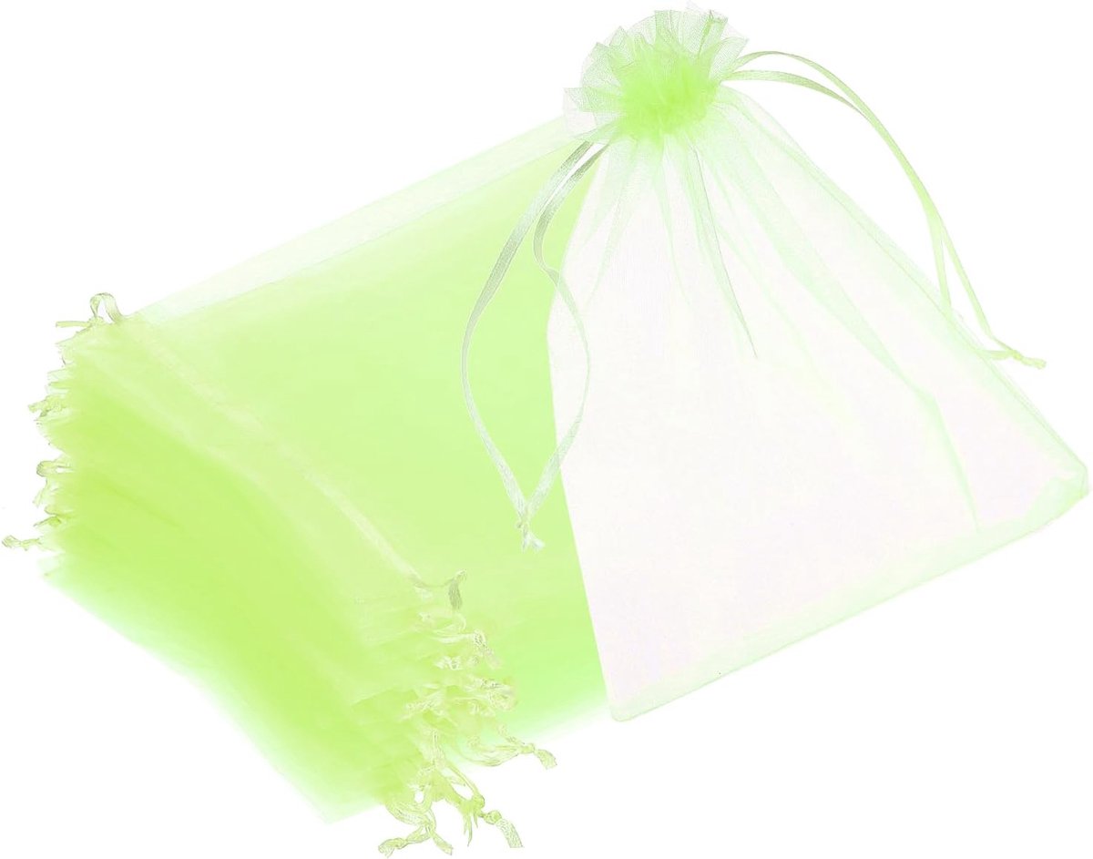 Organzazakjes, 15 x 20 cm, transparante netzakjes met trekkoord, voor cadeau, sieraden, bruiloft, feest, Kerstmis, snoep, 25 stuks, lichtgroen