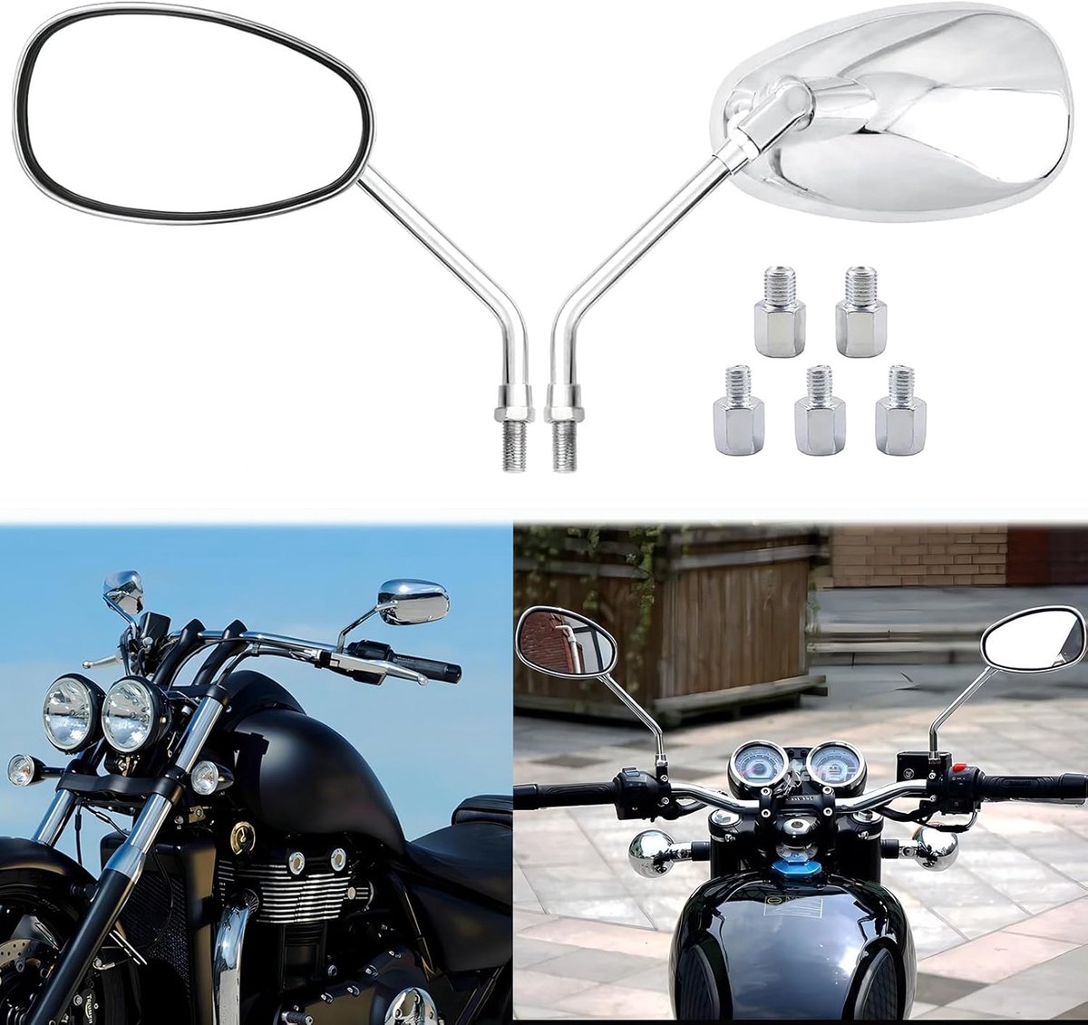 Zijspiegel M10 M8 E9 chroom motorfiets achteruitkijkspiegel compatibel met Yamaha Bobber ATV Street Bike Cruiser Chopper Cafe Racer