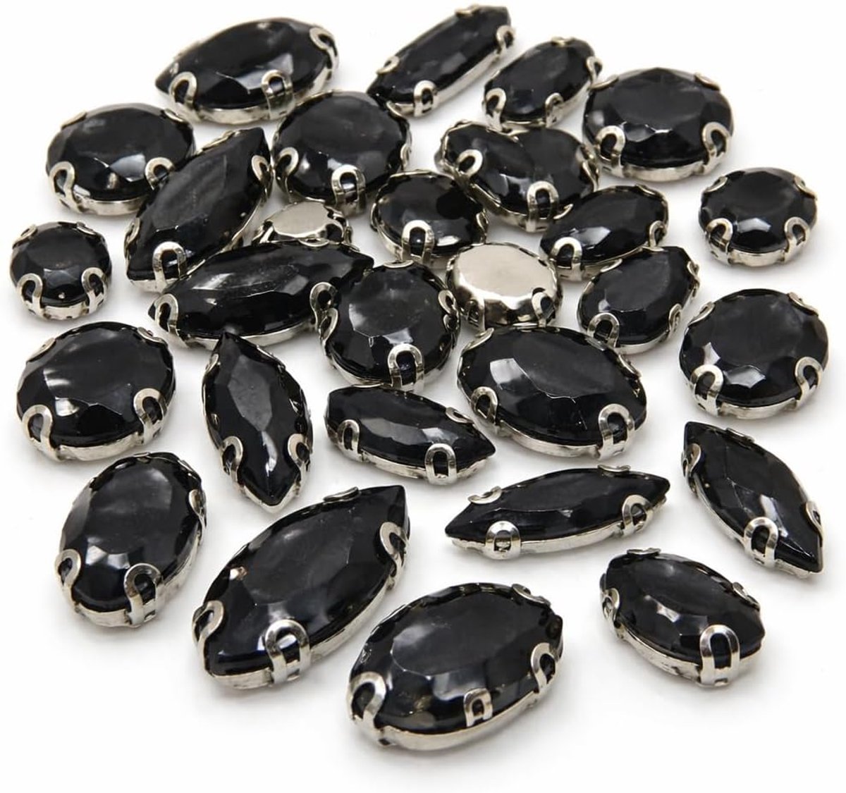 Strass-steentjes om op te naaien, zwart, 100 stuks, acryl kristallen naaistenen met metalen vatting, platte achterkant, facet voor kleding, doe-het-zelf naaien, decoratie