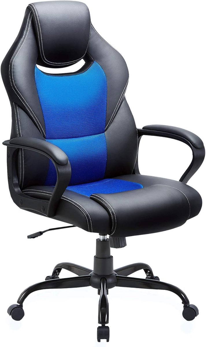 Bureaustoel, racingstoel, gamingstoel, stoel, stoel, bureaustoel, ergonomische draaistoel, sportstoel, bureaustoel met rugleuning, kantelfunctie, hoogteverstelling, gevoerde armleuning, managersstoel, blauw
