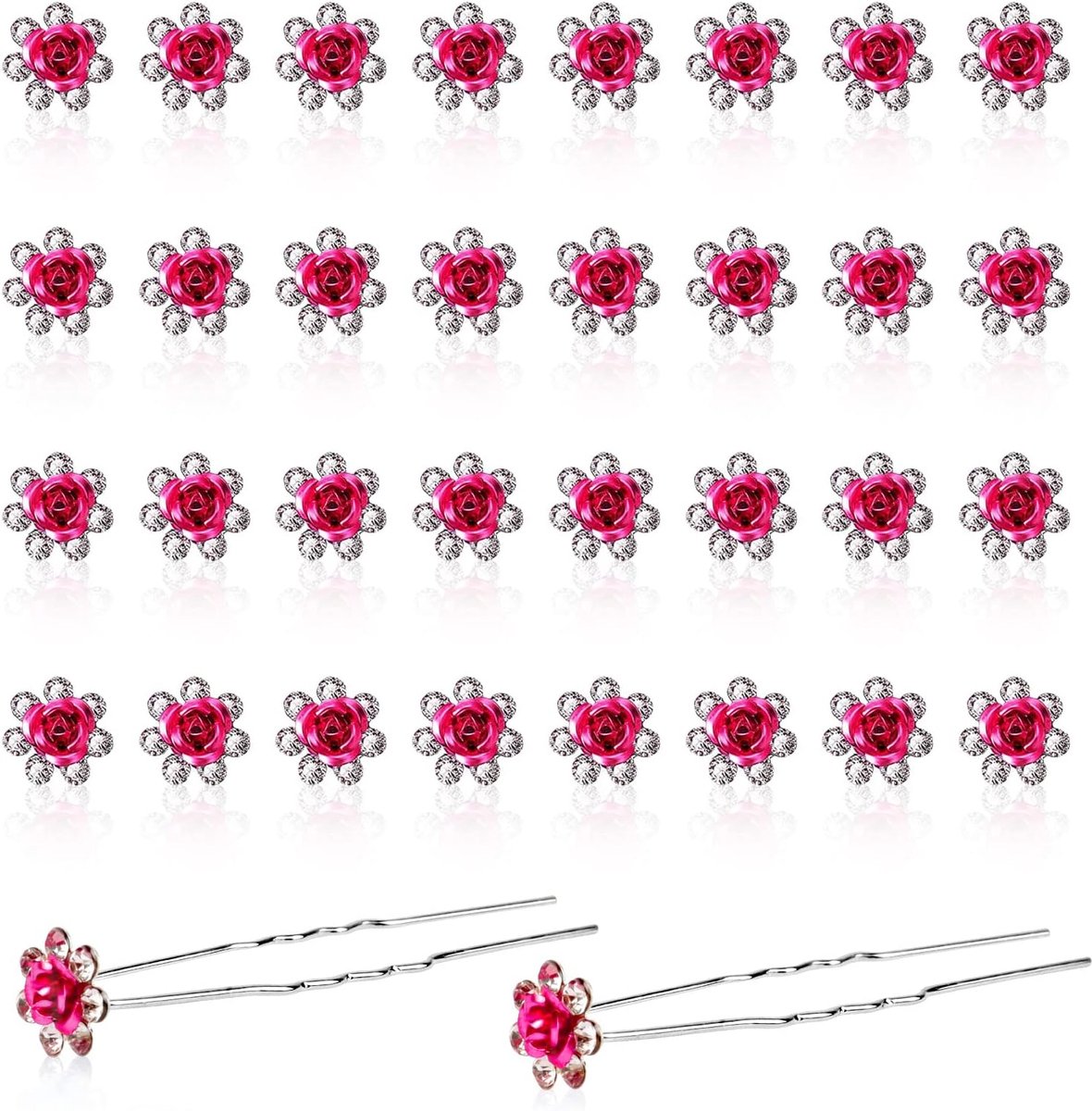 Haarspelden, 6,5 cm lange bruids roos bobby pinnen, diamanten bloem bruiloft haarclips haaraccessoires voor bruids bruiloft vrouwen en meisje (Fuchsia)