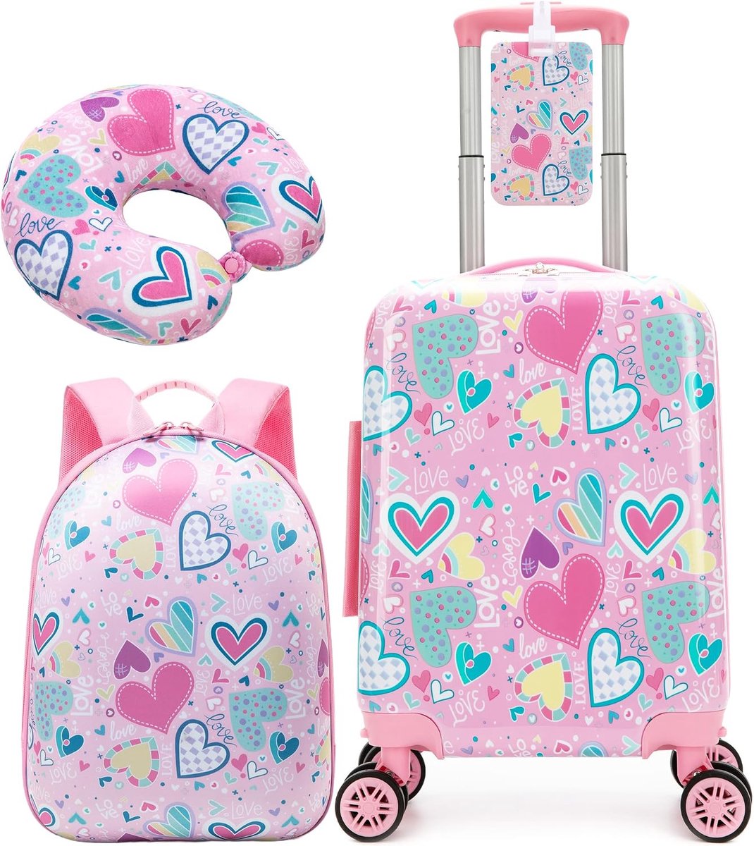 Handkoffer voor kinderen, 40,6 cm, 3-delige bagageset met rugzak en nekkussen, harde handbagage met 4 wielen, 360 graden draaibaar, ideaal voor vliegtuig en reizen, A-roze hart, 16"