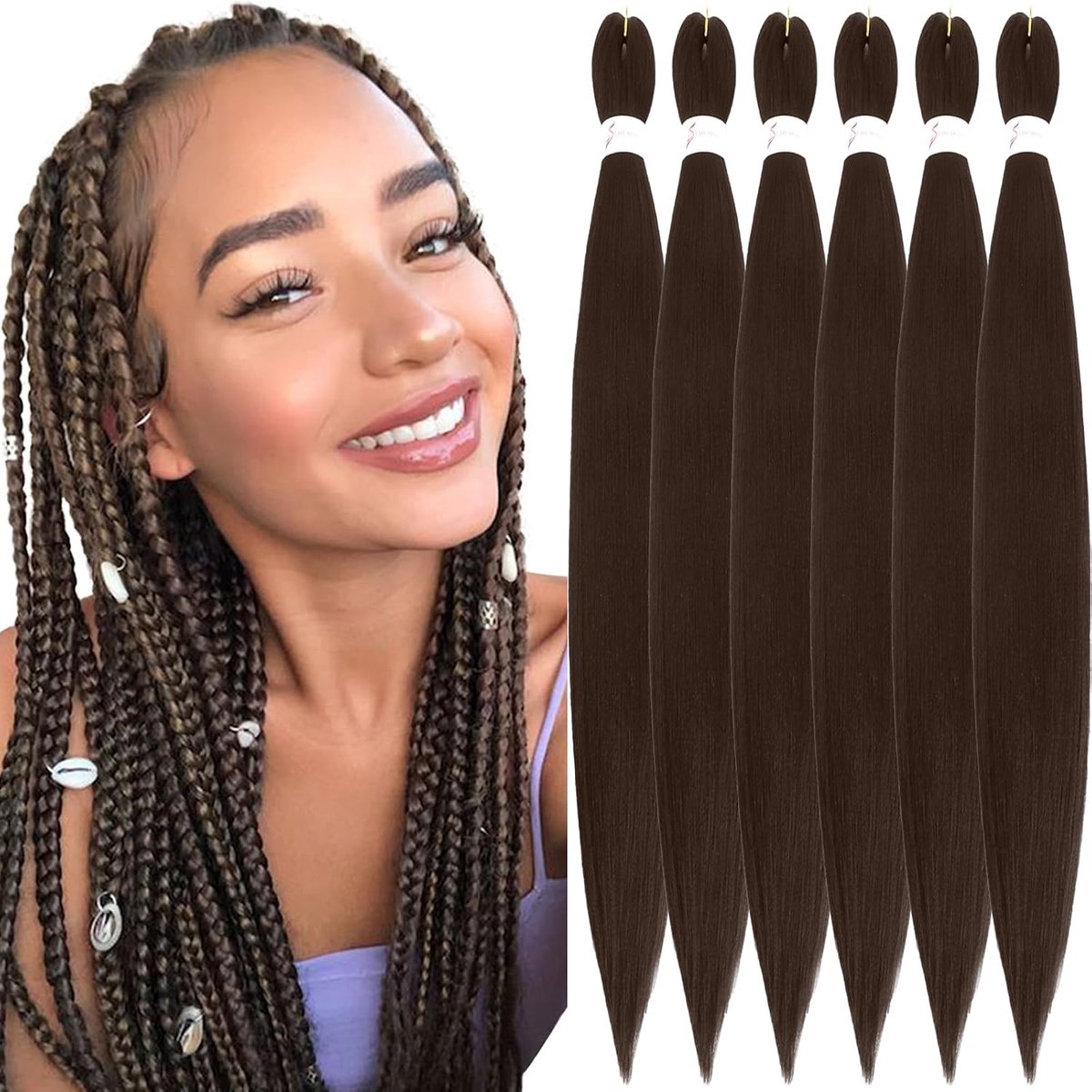Stretched Braiding Hair 30 inch Colour 4# Medium Chocolate Brown Braiding Hair Extensions 6 Packs Easy Braids Soft Yaki Texture Kanekalon Synthetic Hair for Braiding(4#)
