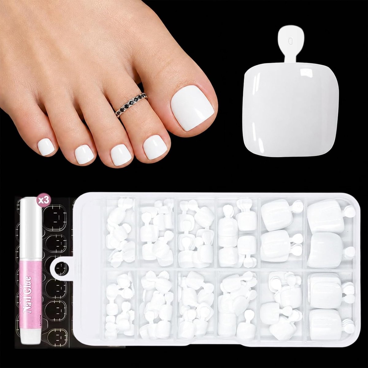 240 stuks French strass-steentjes press on teennagels, korte vierkante Franse teennagels, volledig dekkende nageltips, kunstteennagels voor vrouwen, nail art, witte strass wupeijin
